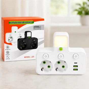 Тройник в розетку на 2 розетки, 2 USB + 1 Type-C, с кнопками, Белый (Разветвитель)