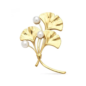 Брошь BROCHE Растения Гинкго Билоба из стали золотистая BRBF115492
