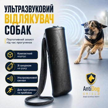 Ультразвуковой отпугиватель собак портативный с фонариком и ремешком, устройство для защиты от агрессивных собак, питание от батарейки Крона 9V, чёрный