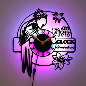 Часы “5 O’Clock Somewhere” с LED-подсветкой, настенные часы с попугаем, часы в пляжной тематике, часы с цветами и попугаем, часы с экзотическим тропическим дизайном, летний декор