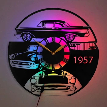 Настенные часы с ретро автомобилем с LED-подсветкой, classic car decor, подарок автолюбителю, винтажный автомобильный декор, оригинальные часы