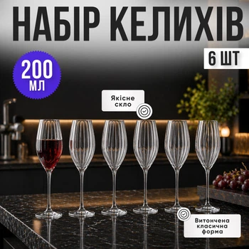 Келихи для шампанського 200 мл набір 6 шт | Рифлені скляні фужери для просекко, ігристого вина, коктейлів та святкового сервірування столу