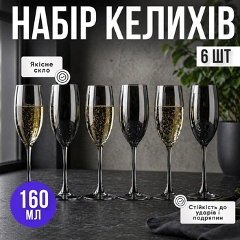 Келихи для шампанського графітові 160 мл набір 6 шт | Скляні фужери для просекко, ігристого вина, коктейлів та святкового сервірування столу