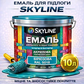 Емаль акрил-поліуретанова SkyLine для підлоги та різних поверхонь зносостійка RAL 5018 Бірюзова 10 л