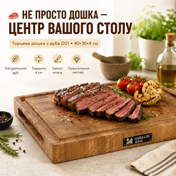 Дошка торцева обробна з дуба 40х30х4 см Gorillas BBQ DS1 кухонна деревʼяна дошка для мʼяса овочів стейків хліба