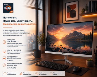 Моноблок 23.8" Medion (Lenovo Group) Akoya E23301 | AMD Ryzen 5 3500U | IPS (1920x1080) FullHD | RAM 8 ГБ | SSD 512 ГБ | AMD Radeon Vega 8 Graphics | Тонкий корпус | Wi-Fi 5 | Win11 (5220) - Уценка