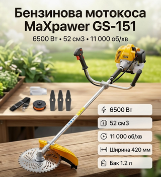 Коса бензиновая MaXpawer Germany GS-251 6.5 л.с. 52 см³ 2-тактная мотокоса 420 мм с комплектом насадок