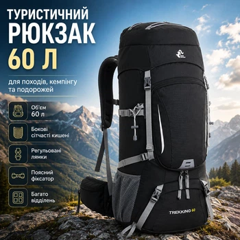 Туристический рюкзак Free Knight 60 л для походов и кемпинга с нижним отсеком, боковыми карманами, поясным фиксатором и вентиляционной спинкой (черный)