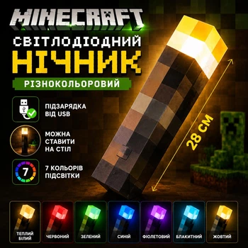 Факел ночник-светильник из Майнкрафт Minecraft на 7 цветов с креплением на стену и питанием LED светодиодов от аккумулятора