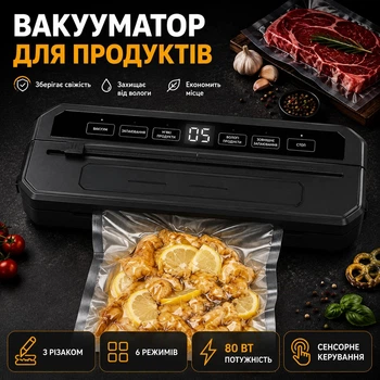 Кухонний вакуумний пакувальник – вакууматор для зберігання продуктів з різаком Food Vacuum Sealer 65 кПа