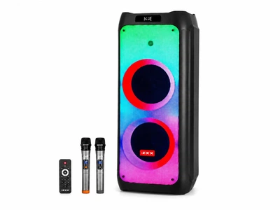 Портативная акустическая система ZXX-5590 100W (2х10" динамика) с Bluetooth, LED-подсветкой и 2 беспроводными микрофонами, автономная караоке-колонка