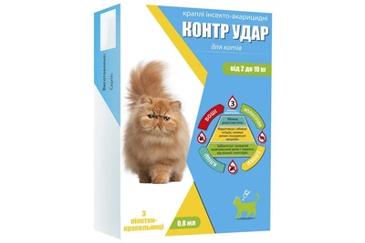 Краплі на холку дял котів 2-10 кг Контр Удар 0,8 мл профілактика і лікування при ураженні ектопаразитами №3 Круг