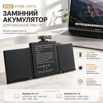 Усиленный аккумулятор BND A1713 A1708 для MacBook Pro 13 (2016-2020) батарея высокой емкости 4781 mAh с инструментами