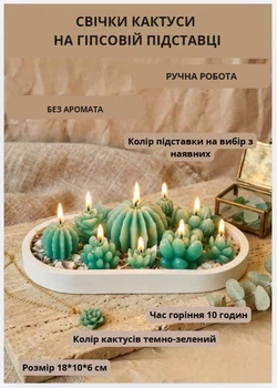Свечки парафиновые Кактусы набор свечей декоративных "Сукуленты" темно зеленые на овальной гипсовой подставке