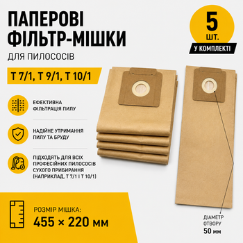 Паперові фільтр-мішки для пилососів Karcher T 7/1, T 9/1, T 10/1, 5 шт (6.904-333.0)