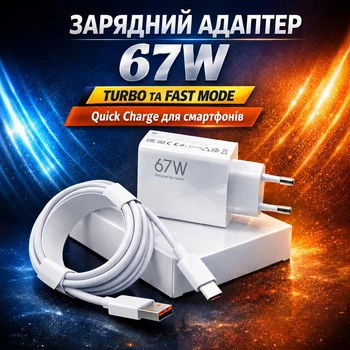 Зарядний пристрій 67W мережевий адаптер з кабелем USB Type C швидка turbo для смартфонів планшетів і мобільних пристроїв для дому подорожей та офісу