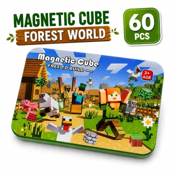 Детский магнитный конструктор Minecraft Magnetic Cube Forest World 60 деталей, металлический кейс для хранения и путешествий
