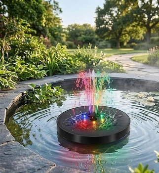 Декоративний фонтан з LED підсвічуванням для садової водойми, басейну, ставка на сонячній батареї з насадками.