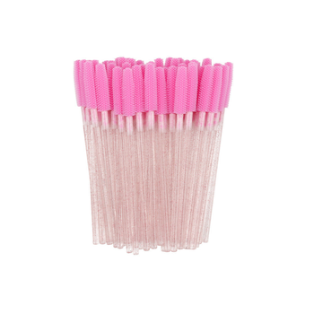 Щеточки силиконовые для ресниц и бровей розовые с ручкой с блестками, 50шт