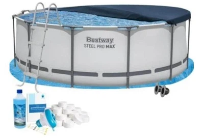 Каркасный бассейн Bestway 56420-6в1 серый круглый из ПВХ и стали на 10250 л с подстилкой стремянкой тентом альгениксом и хлором в таблетках 366х122 см (9-163-#2026_56420-6 BW)