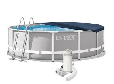 Каркасний басейн Intex 26720 сірий круглий з ПВХ та сталі на 12706 л з підстилкою драбиною тентом та картриджним фільтр-насосом 3785 л/год 427х107 см (9-163-26720)