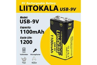 Акумулятор Крона/6LR61 LiitoKala USB-9V 1100 mAh літій-іонний з вбудованою зарядкою Type-C (19321)