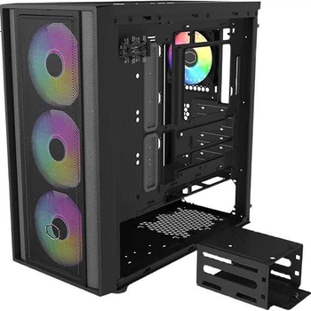 Корпус CoolerMaster Box600 Mesh Black ATX Mid-Tower с задней панелью ввода/вывода, поддержкой установки материнской платы сзади, перфорированной передней панелью, боковой панелью из стали и стекла, поддержкой двух 360-мм радиаторов.