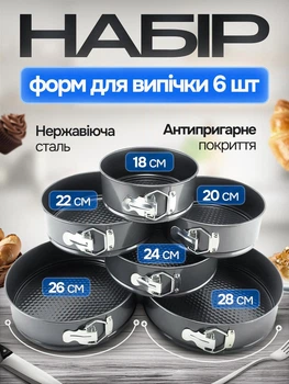 Набір круглих роз'ємних форм для випікання 6 шт кухонні кондитерські форми стальні з антипригарним покриттям знімним дном та засувкою для випічки тортів бісквітів пирогів десертів запікання в духовці та духовій шафі комплект кухонного посуду для кондитера