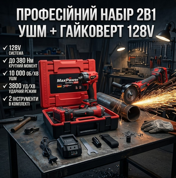 АКБ набір MaxPawer 2в1 (УШМ GWX 128V-125C + гайковерт GDS128V-LI PRO) безщітковий 128V 6Ah