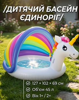 Детский надувной бассейн Intex 57113-3 Единорог с навесом 127×102×69 см с шариками и насосом белый