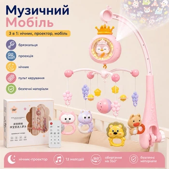 Музыкальный мобиль на кроватку 3 в 1 ночник, проектор и мобиль с пультом управления 7707/1 Розовый