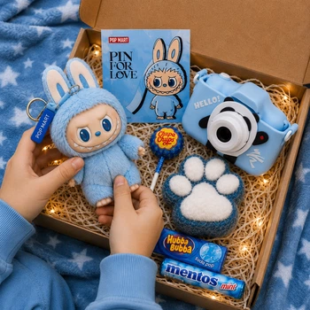 Подарунковий набір для хлопчика з камерою та Labubu, 6 подарунків Kawaii Blue (BOX-1PandaBS)