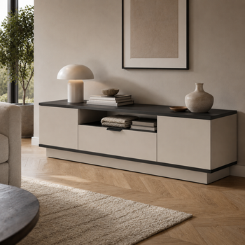 Сучасна ТВ-тумба Duna 1800x350x420 з шухлядою, відкритою нішею та закритими секціями для вітальні, спальні та зони відпочинку Кашемір/Антрацит