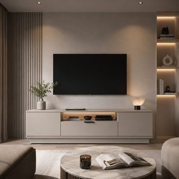 Сучасна ТВ-тумба Duna 1800x350x420 з шухлядою, відкритою нішею та закритими секціями для вітальні, спальні та зони відпочинку Кашемір