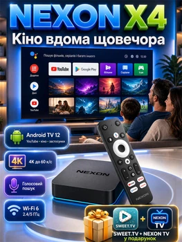Смарт ТВ андроид медиабокс приставка для телевизора NEXON X4 медиаплеер Smart TV Android 12 4K Ultra HD WIFI 6 2.4/5 ггц с гироскопом голосовым поиском Bluetooth микрофоном HDMI AV выходами