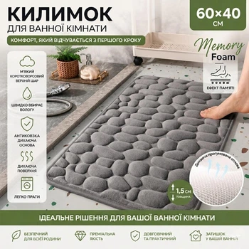 Коврик для ванной YourFind Stone PREMIUM 60x40 см, с эффектом памяти Memory Foam, антискользящий, быстросохнущий, водопоглощающий, Серый