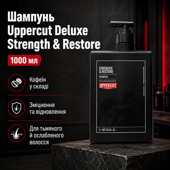 Зміцнюючий шампунь Uppercut Deluxe Strength and Restore Shampoo 1000 мл для чоловіків, відновлюючий шампунь з кофеїном і біотином