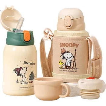 Детская термокружка SNOOPY из нержавеющей стали 316L, для мальчиков и девочек, ударопрочная, портативная, с двойной крышкой (соломинка и удобное питье), большая вместимость.