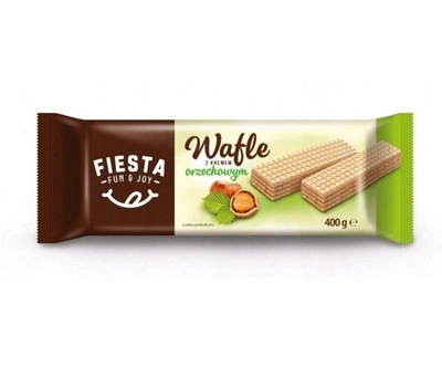 Вафлі вершкові Fiesta Fun&Joy Wafles z kremem o smaku Orzechowym Фіеста світлі з какао-горіховою начинкою 400г