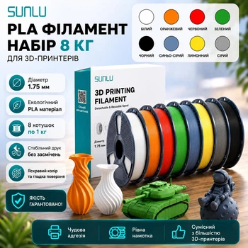 PLA-пластик Sunlu PLA Basic для 3D-принтера – набір 8 кг (8×1 кг), 1.75 мм, White / Orange / Red / Green / Black / Blue Grey / Lemon Yellow / Gray, з котушками