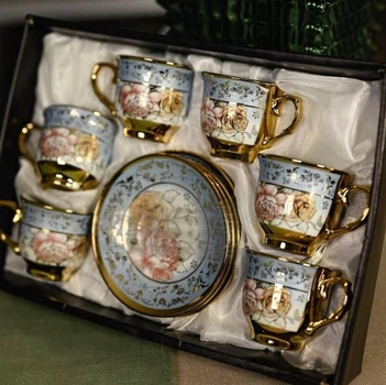 Подарочный кофейный сервиз из фарфора на 6 персон (12 предметов) RG-172 Голубой из золотистым и розами Набор чашек с блюдцами в коробке