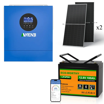Комплект резервного питания 1.2кВт: инвертор Anenji 2000W 12V ANJ-2000W-12V + аккумулятор LiFePO4 Eco-Worthy 12.8V 100Ач 1280Wh+ Солнечные панели двусторонние: 2×Leapton 620W N-Type TOPCon