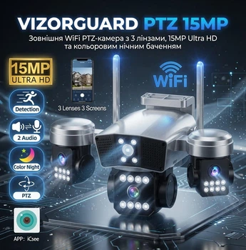 WiFi IP Камера видеонаблюдения VIZORGUARD PTZ-15MP — С тремя линзами, 15 МП Ultra HD, Цветное ночное видение, PTZ, IP66