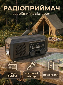 Радіоприймач FM/AM Lem Berger на акумуляторі, аварійне радіо з ліхтариком, зарядкою від сонця і ручного генератора з Powerbank 2000mAh, багатофункціональний, чорний