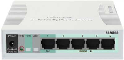 Комутатор Mikrotik RB260GS, 5 Gigabit ports and SFP cage, SwOS, plastic case, PSU (CSS106-5G-1S)