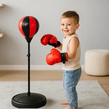 Детская боксерская груша на стойке с перчатками Punching Ball Set, набор для бокса с пружиной, насосом и регулируемой высотой для дома и улицы, спортивный тренажер для детей Красный/черный