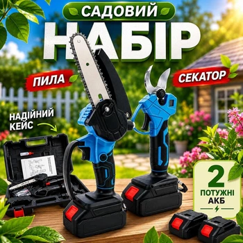 Акумуляторна міні ланцюгова пила та секатор з 2 АКБ 21V електропилка з подаванням олії та сучкоріз для обрізання саду