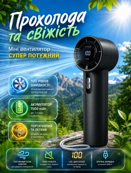 Портативный ручной вентилятор аккумуляторный с турбообдувом и LED дисплеем мини вентилятор для дома офиса и путешествий с ремешком и 100 скоростями Черный