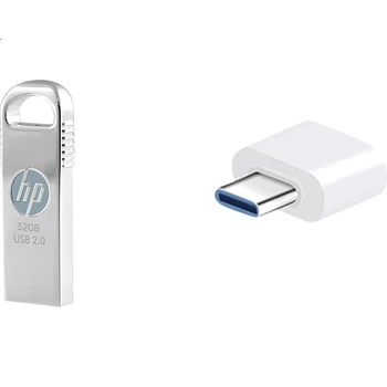 Флеш-накопичувач HP 32 ГБ USB 2.0 з адаптером Type-C, v206w, сріблястий метал, USB-накопичувач для міні-комп'ютерів та бізнесу