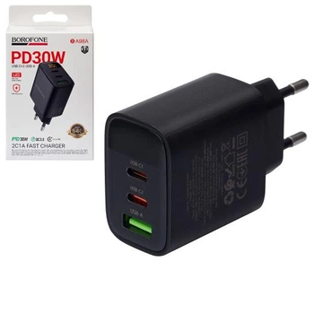 Сетевое зарядное устройство Borofone BA98A 2xUSB-C 30W + USB-A 18W LED-дисплей Black